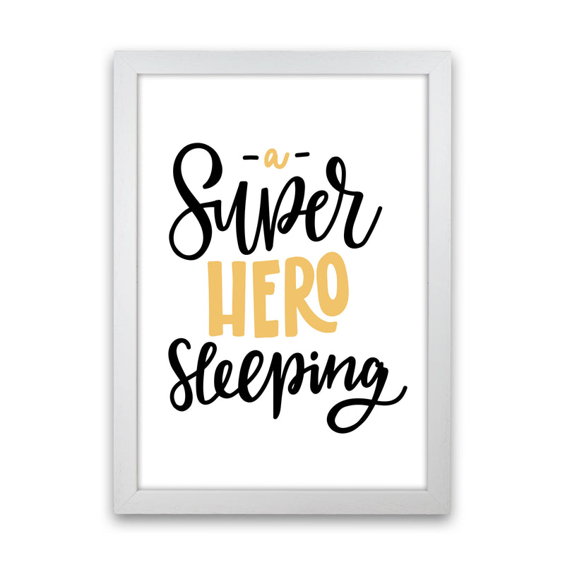 Superhero Sleeping Mustard And Black Framed Nursey Wall Art Print White Grain