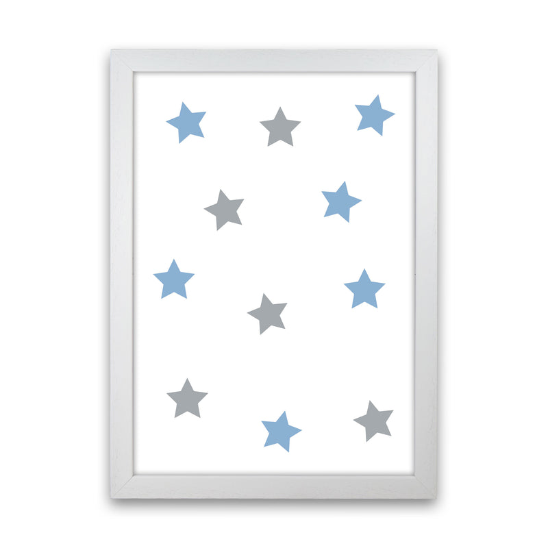 Blue And Grey Stars Framed Nursey Wall Art Print White Grain
