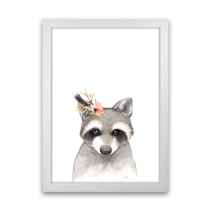 Forest Friends, Floral Cute Raccoon Modern Print Animal Art Print White Grain