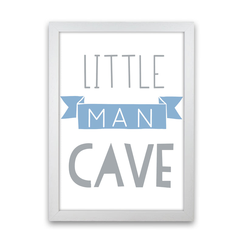 Little Man Cave Blue Banner Framed Nursey Wall Art Print White Grain