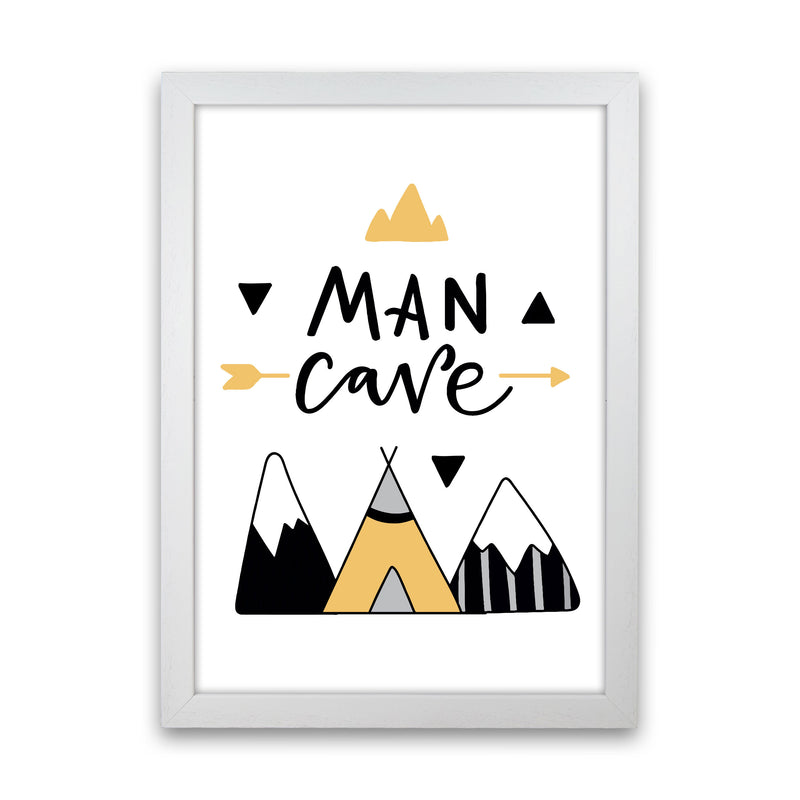 Man Cave Mountains Mustard And Black Framed Typography Wall Art Print White Grain