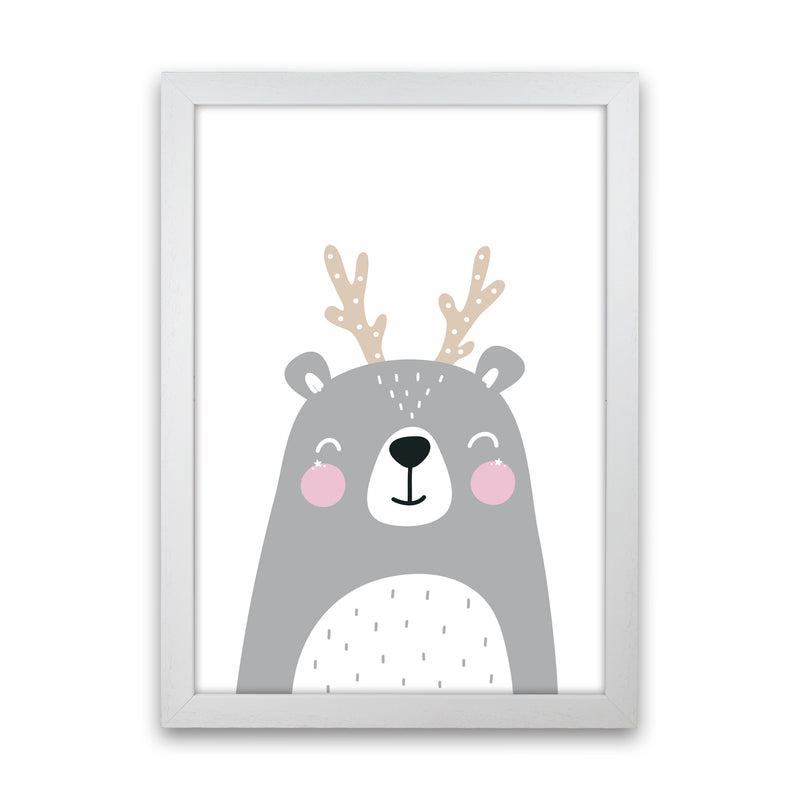 Grey Bear With Antlers Modern Print Animal Art Print White Grain