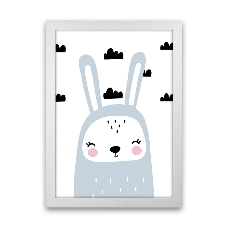 Blue Scandi Bunny With Clouds Modern Print Animal Art Print White Grain