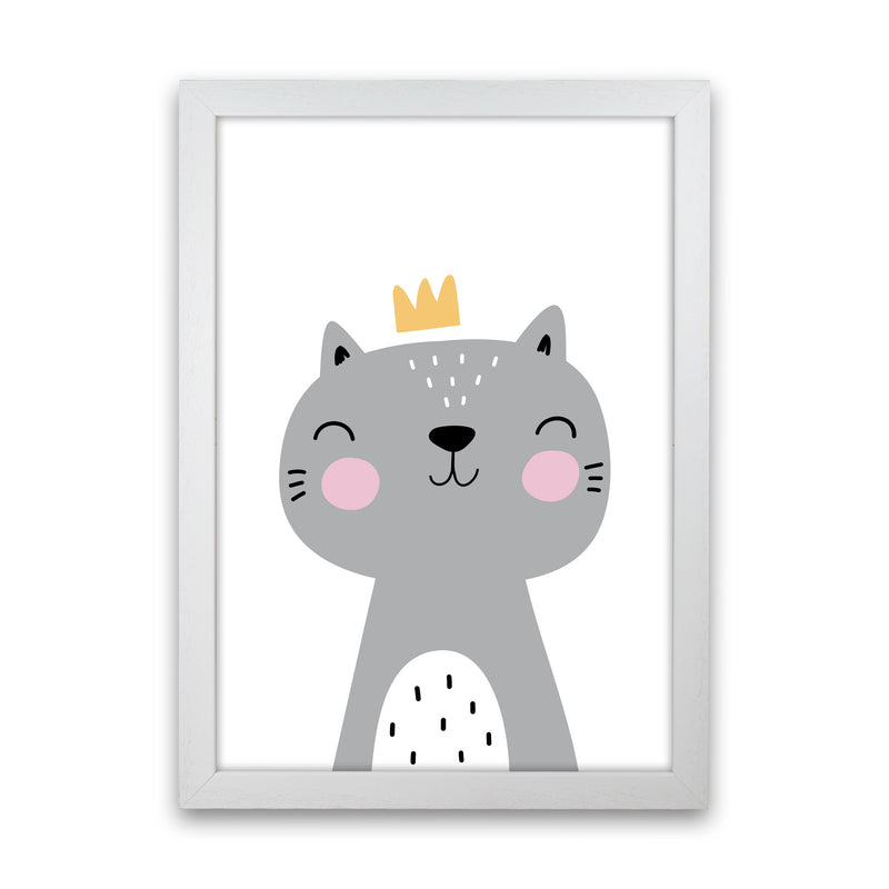 Grey Scandi Cat With Crown Modern Print Animal Art Print White Grain