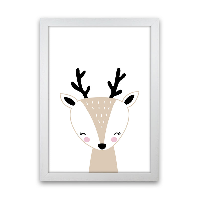 Scandi Beige Deer Framed Nursey Wall Art Print White Grain