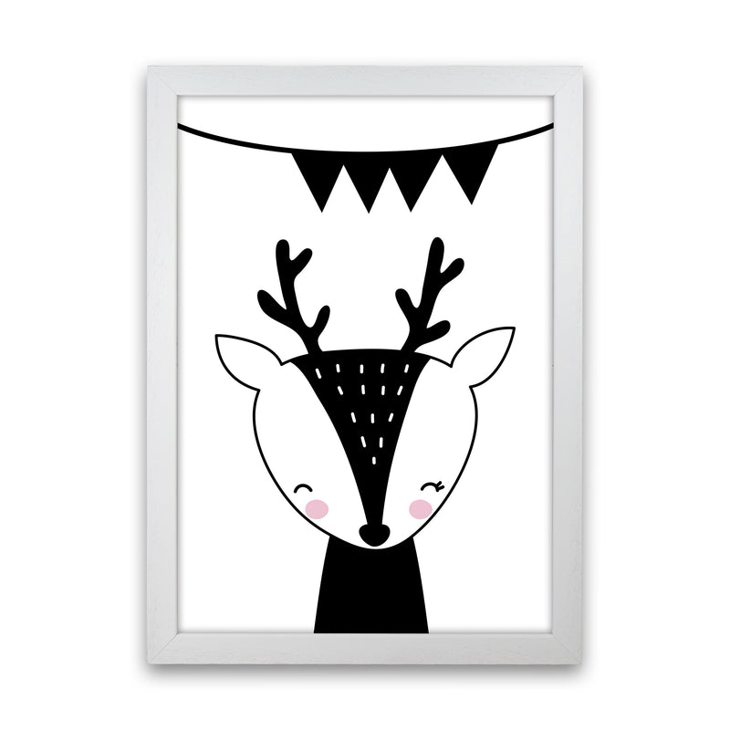Scandi Black Deer With Banner Framed Nursey Wall Art Print White Grain