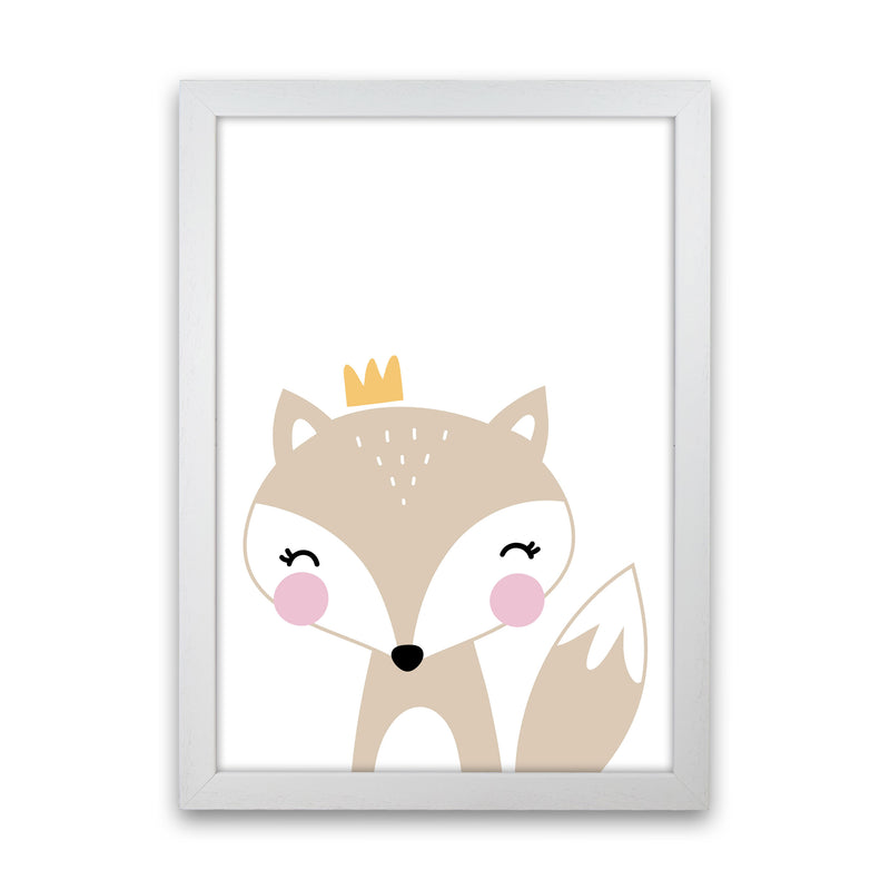 Scandi Beige Fox With Crown Framed Nursey Wall Art Print White Grain