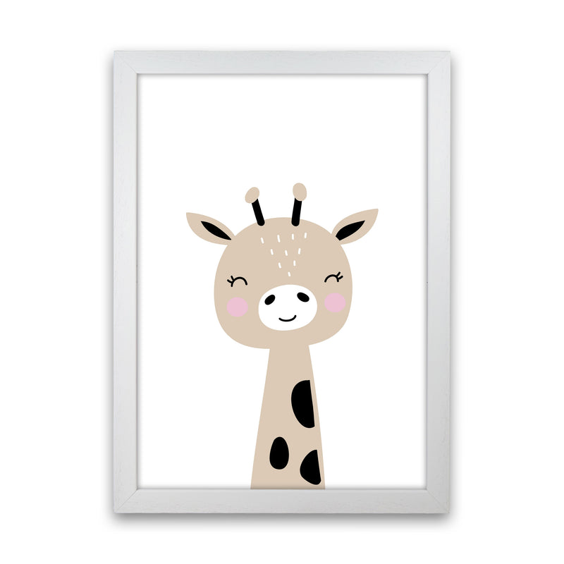 Scandi Brown Giraffe Framed Nursey Wall Art Print White Grain