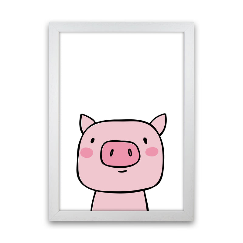 Scandi Pink Pig Framed Nursey Wall Art Print White Grain