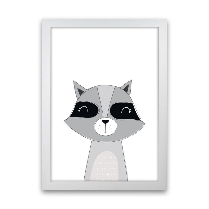 Scandi Raccoon Framed Nursey Wall Art Print White Grain