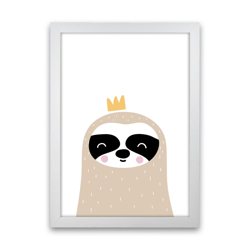 Scandi Sloth With Crown Framed Nursey Wall Art Print White Grain