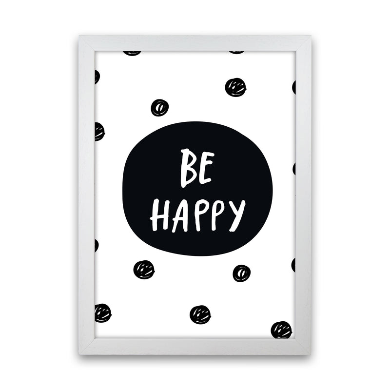 Be Happy Polka Dot Framed Typography Wall Art Print White Grain