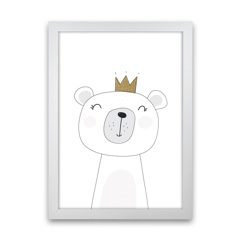 Scandi Cute Bear With Crown Framed Nursey Wall Art Print White Grain