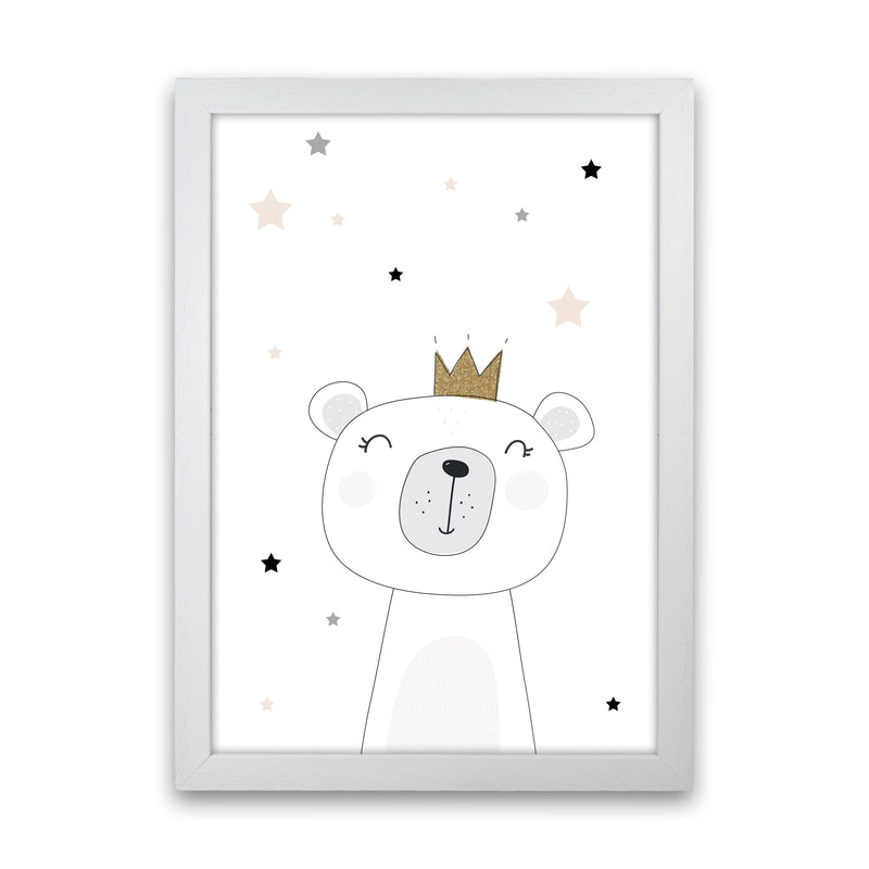 Scandi Cute Bear With Crown And Stars Print, Framed Childrens Wall Art White Grain