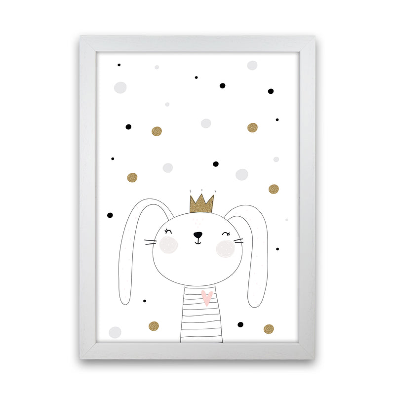 Scandi Cute Bunny With Crown And Polka Dots Modern Print White Grain