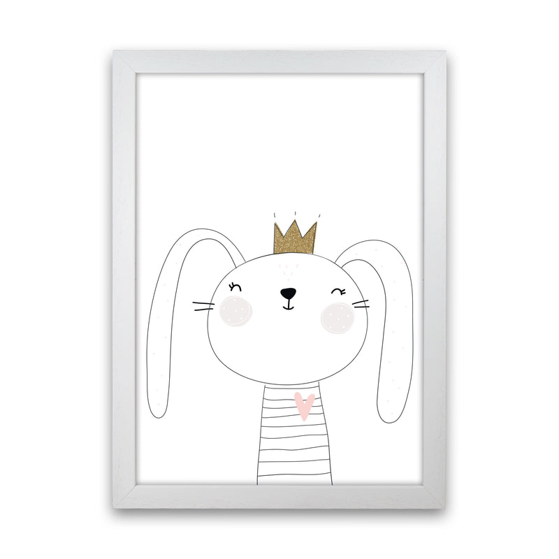 Scandi Cute Bunny With Crown Framed Nursey Wall Art Print White Grain
