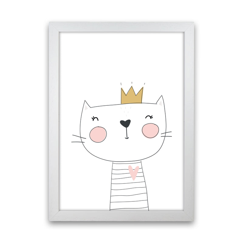 Scandi Cute Cat With Crown Framed Nursey Wall Art Print White Grain