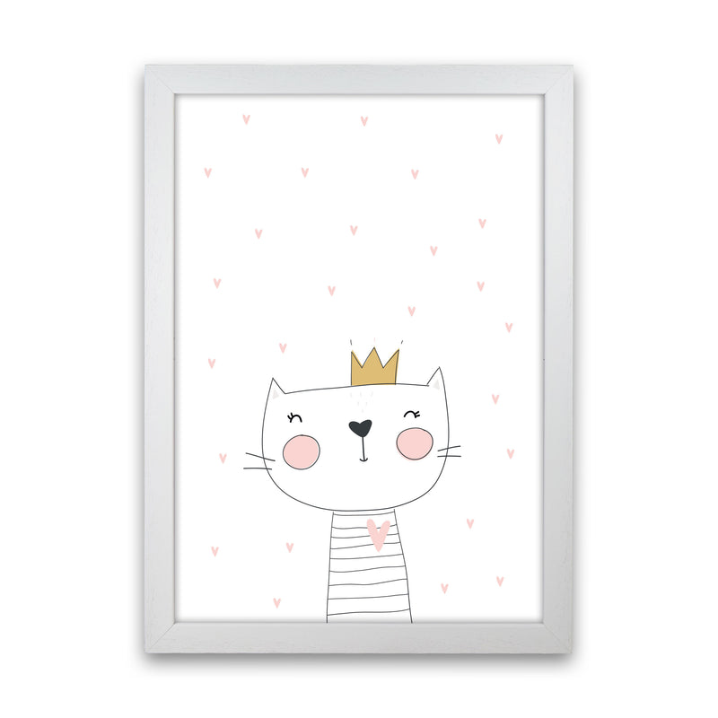 Scandi Cute Cat With Crown And Stars Framed Nursey Wall Art Print White Grain