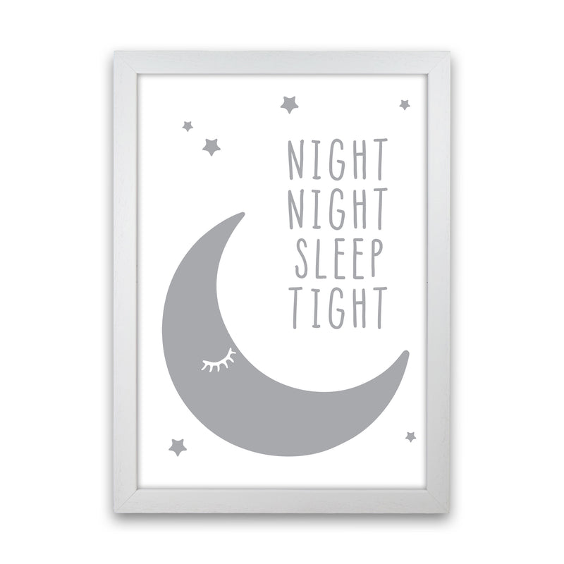 Night Night Moon Grey Framed Nursey Wall Art Print White Grain