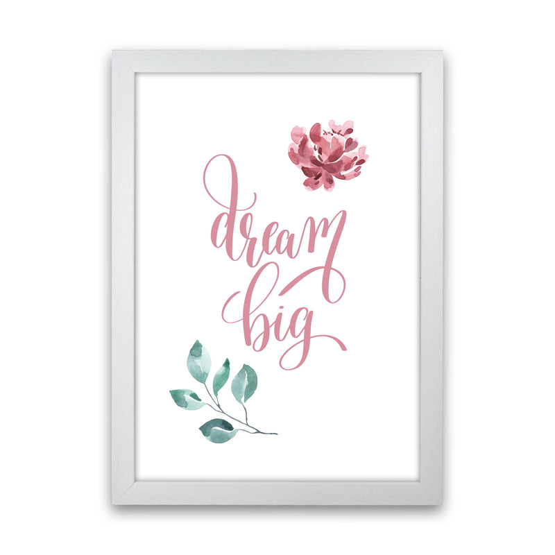 Dream Big Pink Floral Framed Typography Wall Art Print White Grain