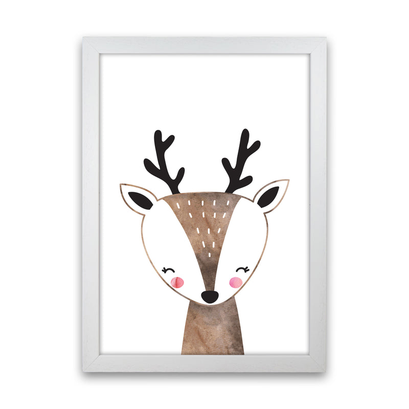 Scandi Brown Deer Watercolour Framed Nursey Wall Art Print White Grain