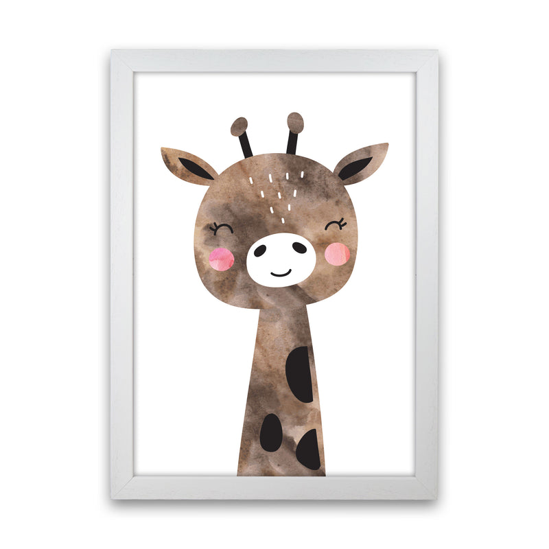 Scandi Brown Giraffe Watercolour Framed Nursey Wall Art Print White Grain
