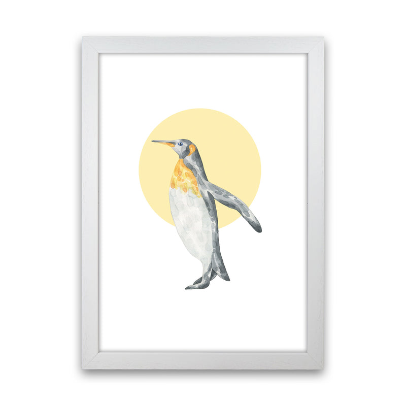 Watercolour Penguin With Yellow Circle Modern Print, Animal Art Print White Grain