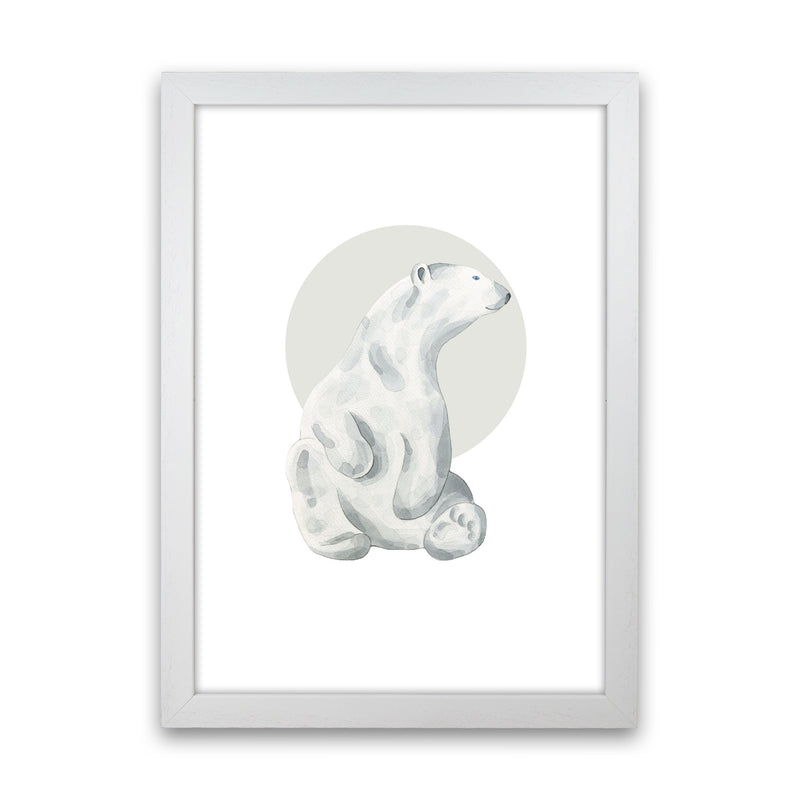 Watercolour Polar Bear With Grey Circle Modern Print, Animal Art Print White Grain