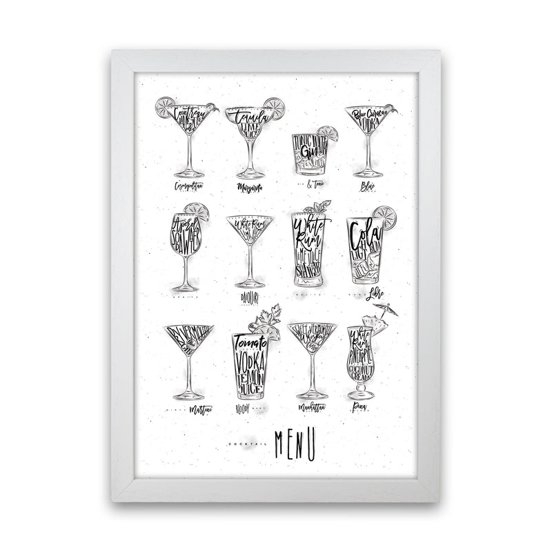 Cocktails Menu Modern Print, Framed Kitchen Wall Art White Grain