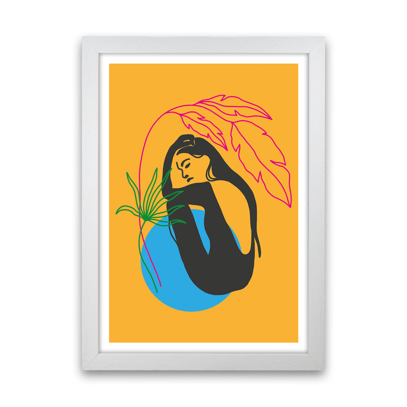 Girl Under Plant Yellow Neon Funk  Art Print by Pixy Paper White Grain