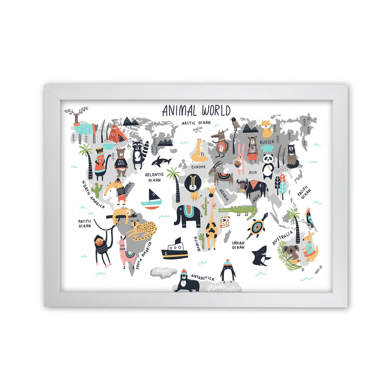 Animal World Map  Art Print by Pixy Paper White Grain