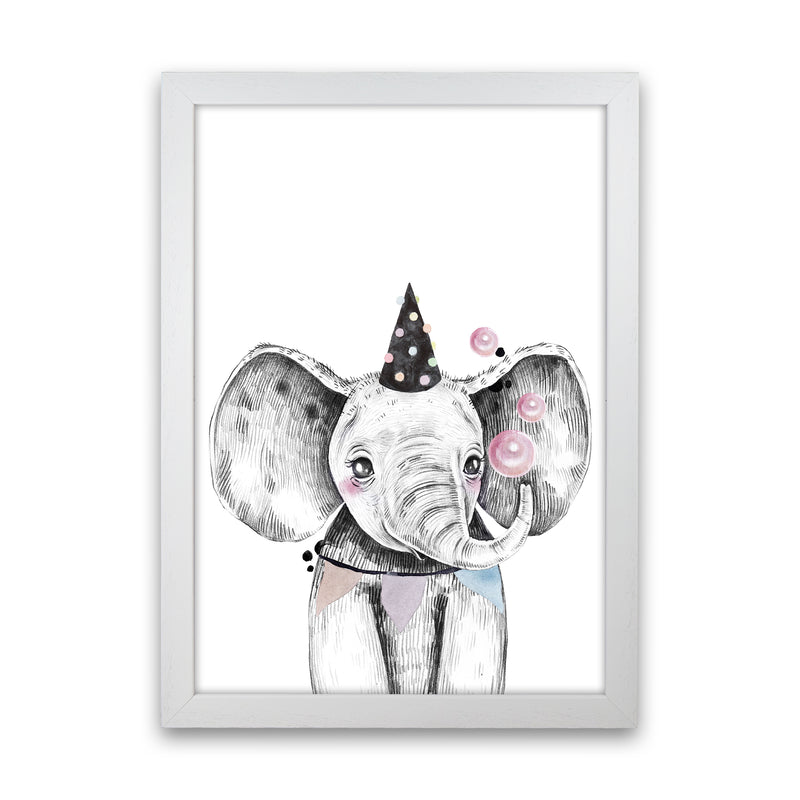 Safari Babies Elephant With Party Hat  Art Print by Pixy Paper White Grain