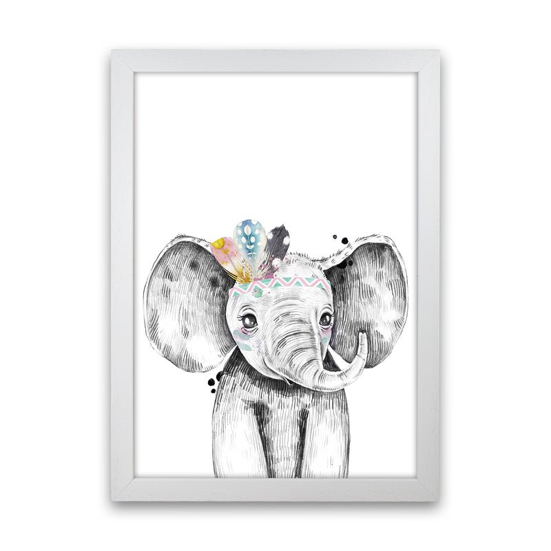 Safari Babies Elephant With Feathers  Art Print by Pixy Paper White Grain