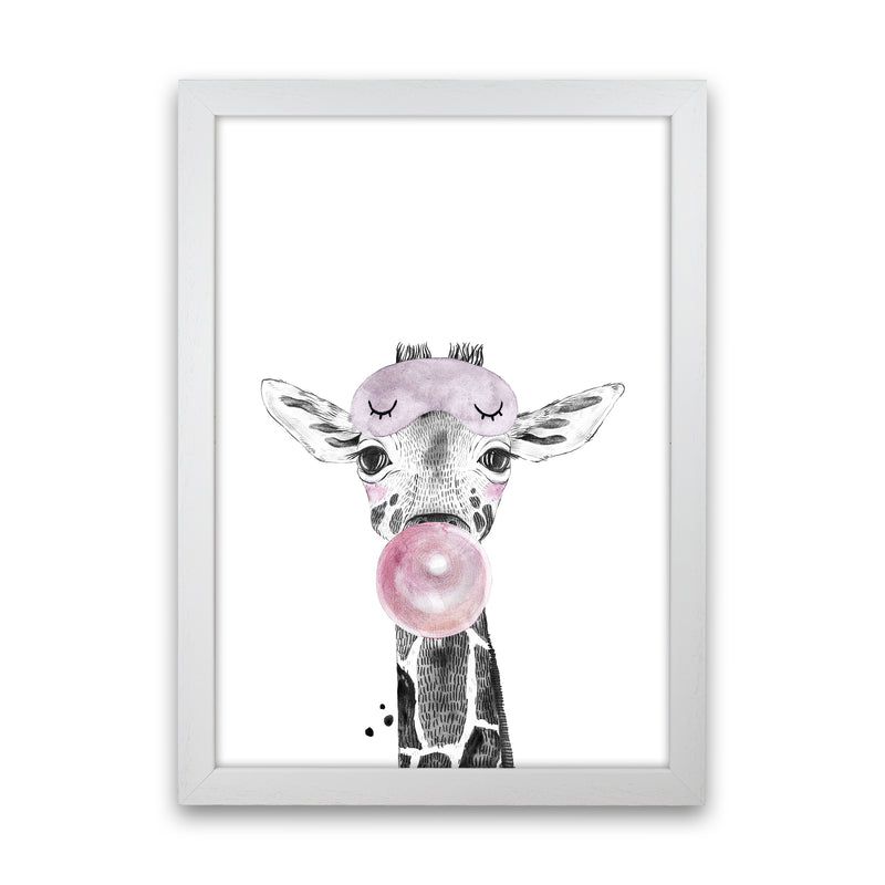 Safari Babies Giraffe With Bubble  Art Print by Pixy Paper White Grain