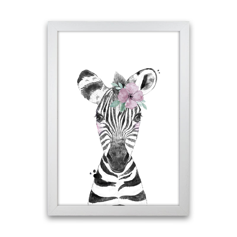 Safari Babies Zebra With Flower  Art Print by Pixy Paper White Grain