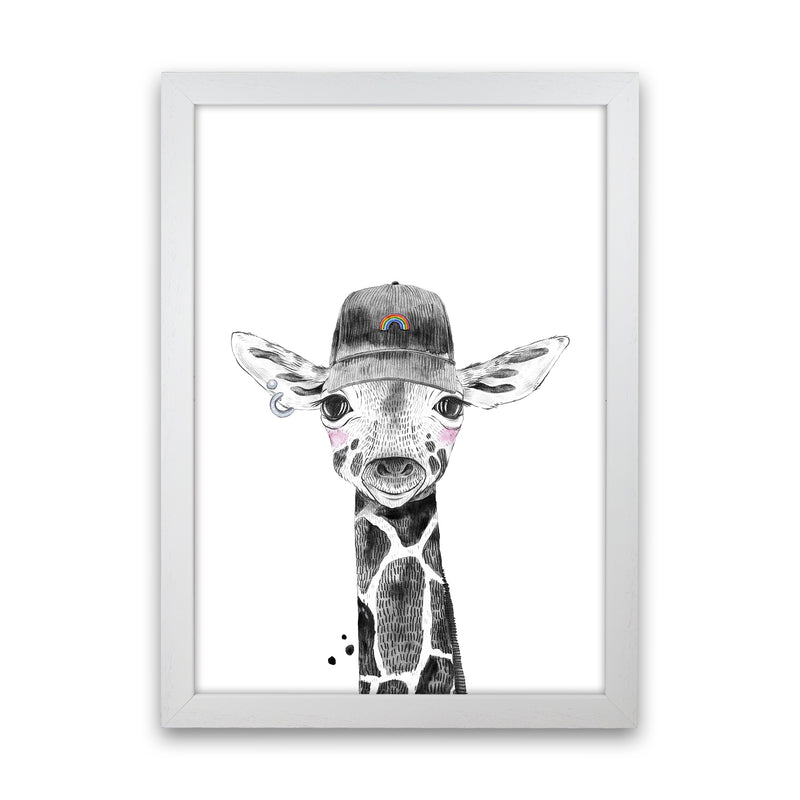 Safari Babies Giraffe With Hat  Art Print by Pixy Paper White Grain