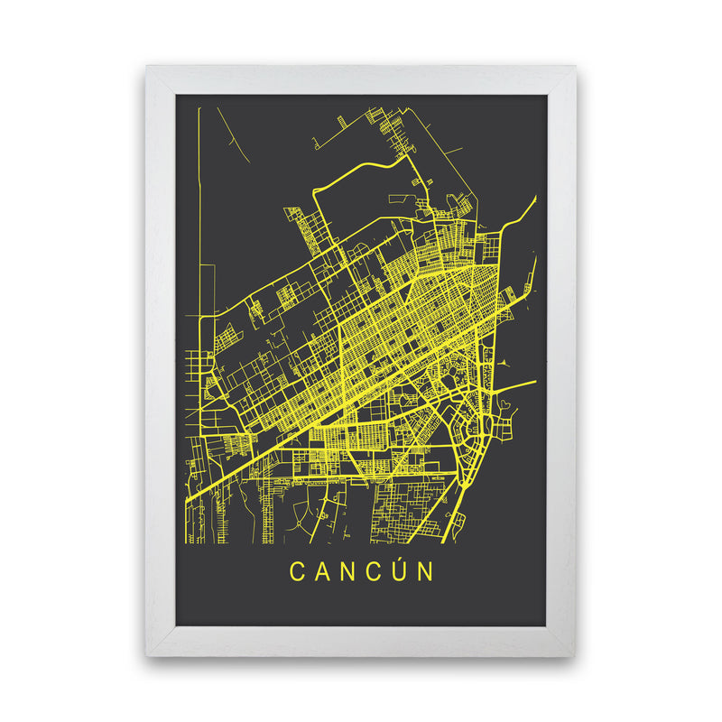 Cancun Map Neon Art Print by Pixy Paper White Grain