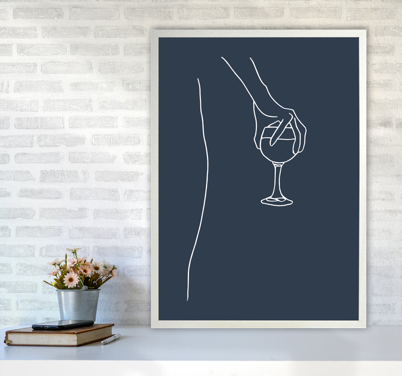 Hand Holding Wine Glass Navy Kitchen Art Print By Planeta444 A1 Oak Frame