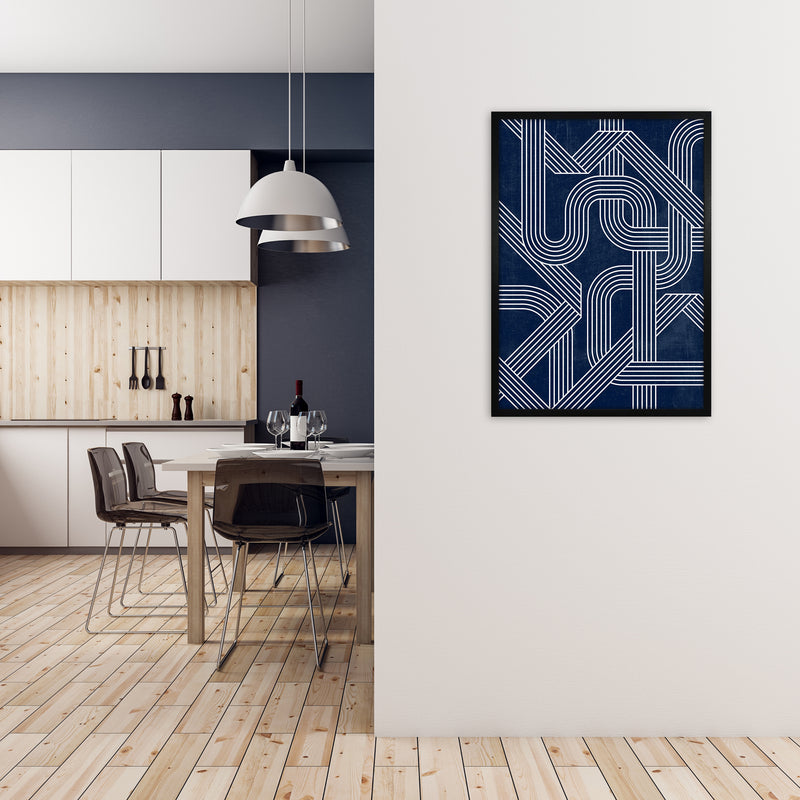 Blue Abstract Lines Wall Art A1 White Frame