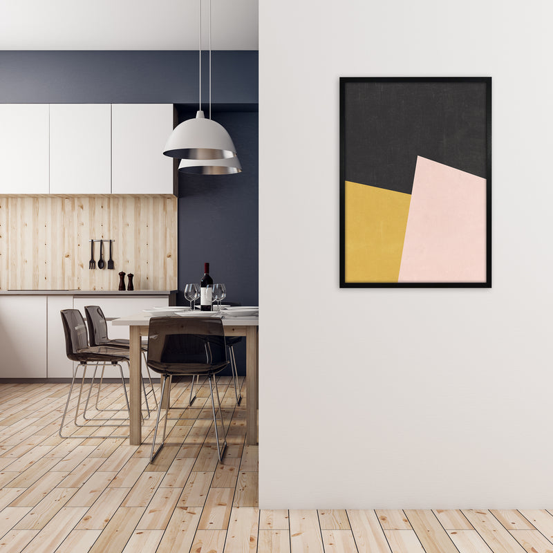 Yellow Pink and Black Abstract A1 White Frame