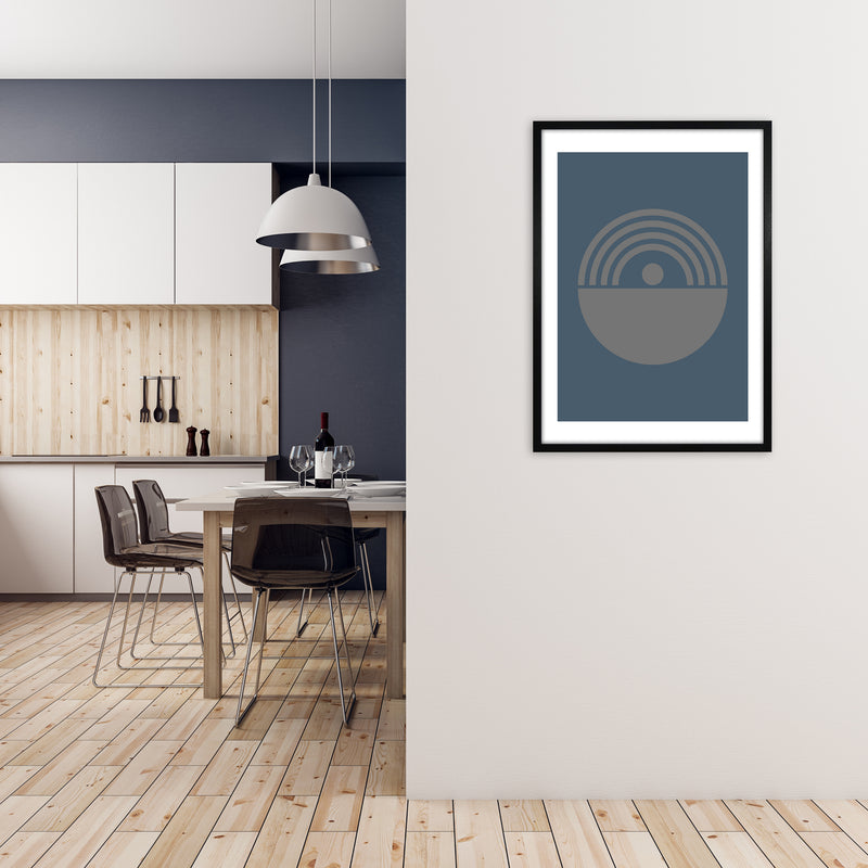 Mid Century Grey and Blue Wall Art Prints B A1 White Frame