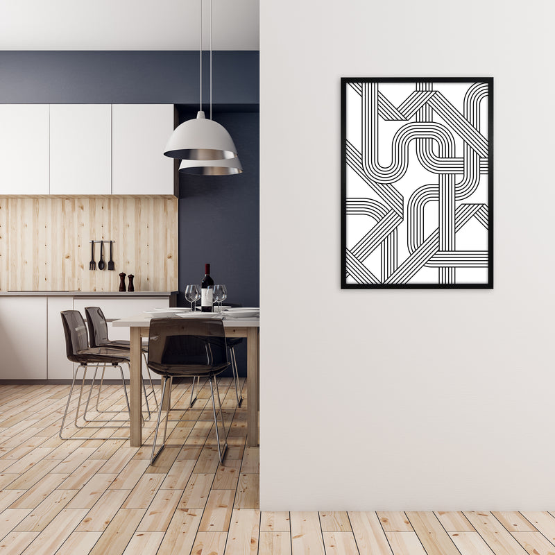 Black and White Abstract Lines A1 White Frame