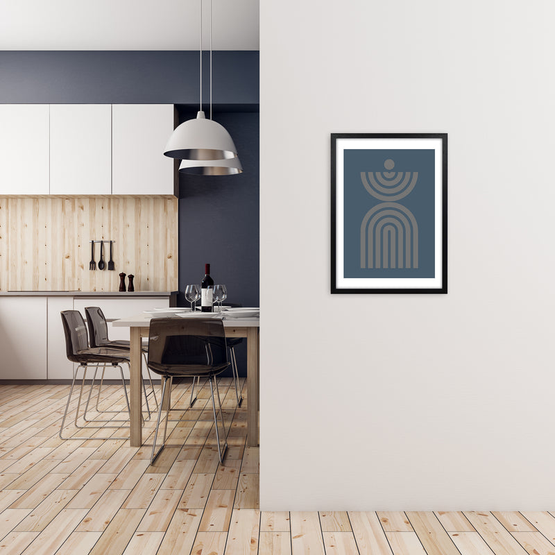 Mid Century Grey and Blue Wall Art Prints C A2 White Frame