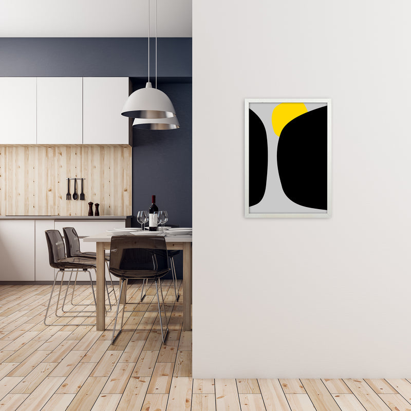 Abstract Black Shapes with Yellow Original B Art Print by Print Punk Studio A2 Oak Frame