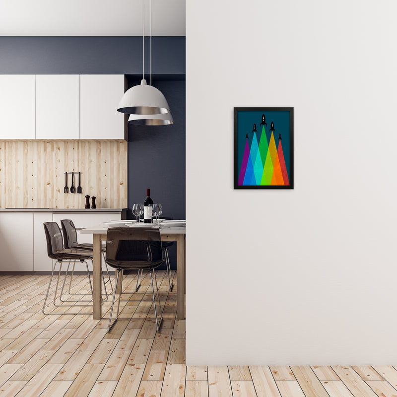 Rainbow and Navy Rocket B A3 White Frame