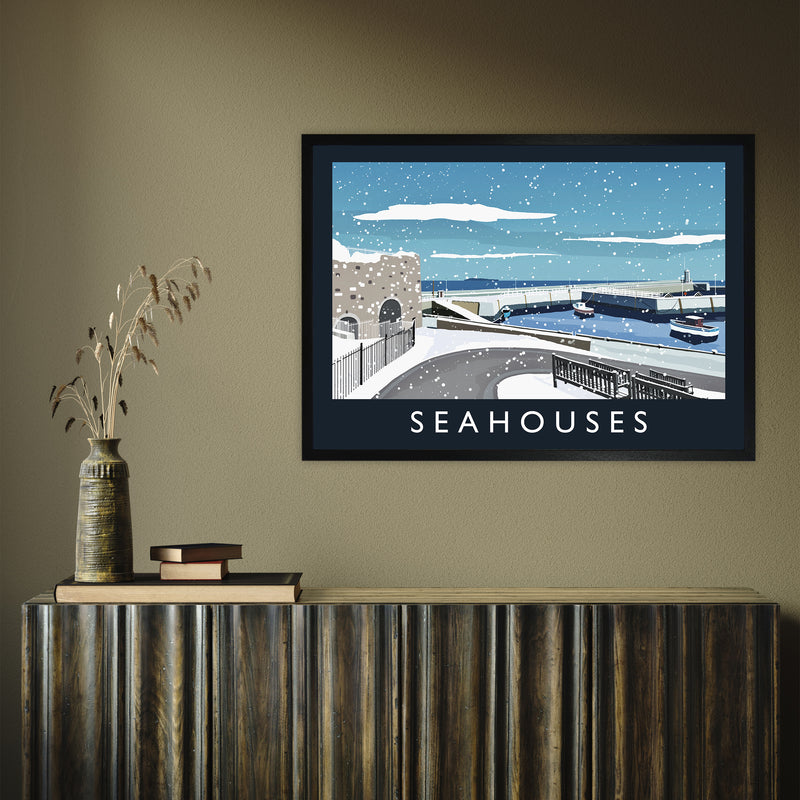 Seahouses (snow) by Richard O'Neill A1 Black Frame