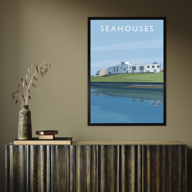 Seahouses 2 portrait by Richard O'Neill A1 Black Frame