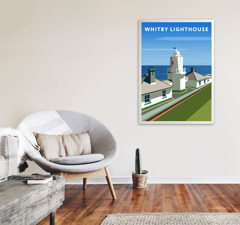 Whitby Lighthouse Travel Art Print by Richard O'Neill, Framed Wall Art A1 Oak Frame