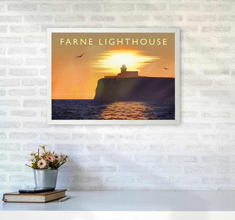 Farne Lighthouse Travel Art Print by Richard O'Neill A2 Oak Frame