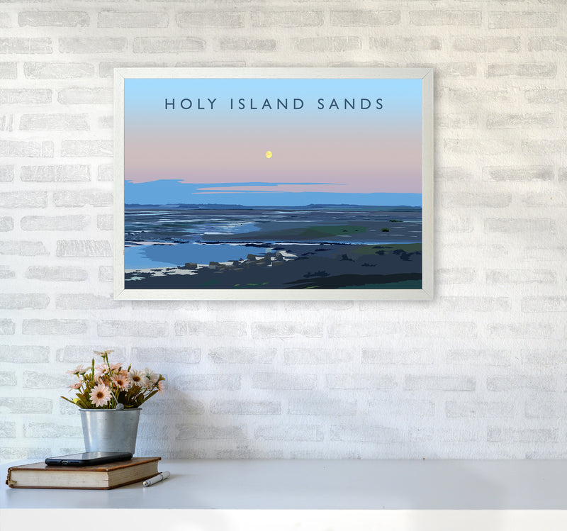 Holy Island Sands Travel Art Print by Richard O'Neill A2 Oak Frame